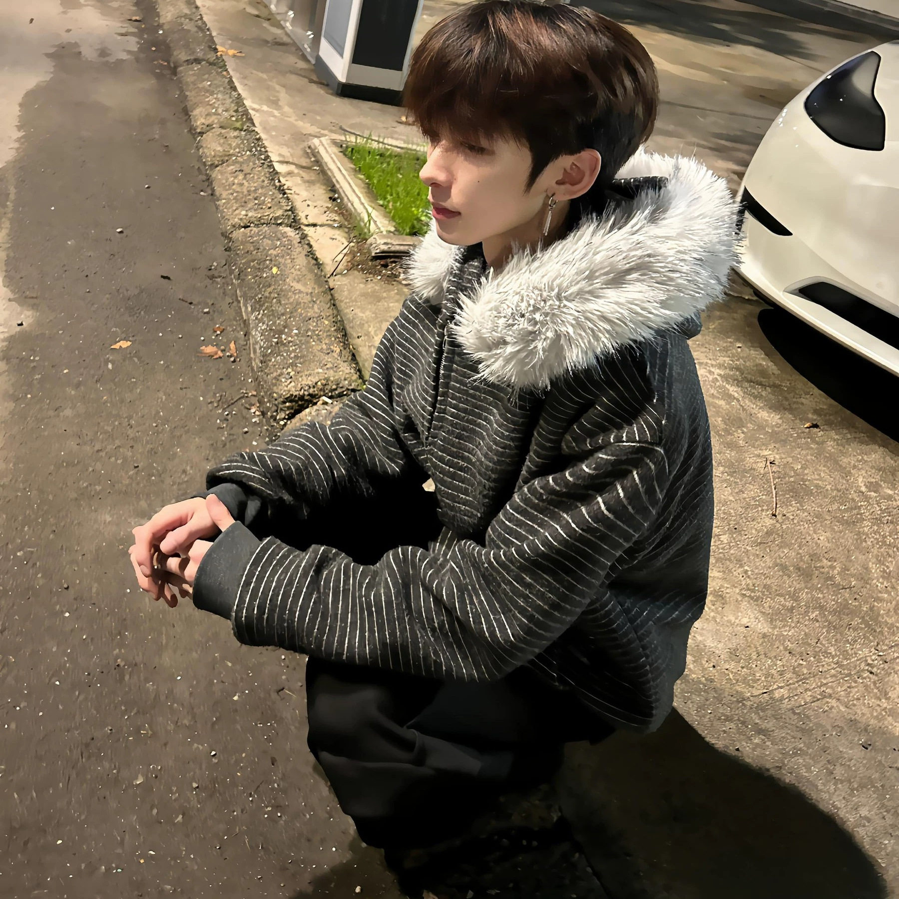 秋冬新款条纹毛领帽衫卫衣