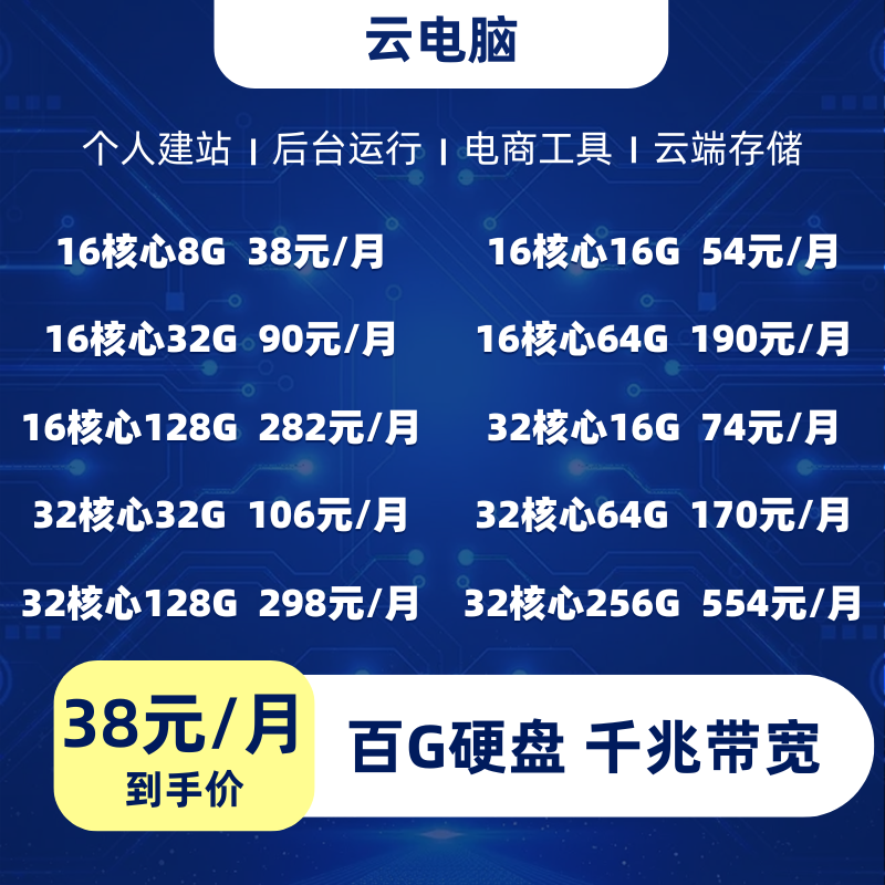 云电脑手机平板都能连高配CPU大内存跑量化开发直播办公个人建站