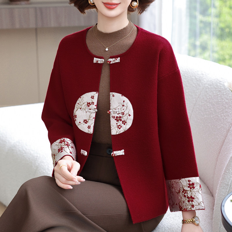 喜婆婆妈妈秋装新中式过年针织外套本命年中老年女装红色气质上衣