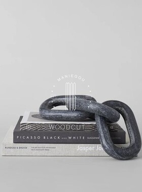 侘寂风黄洞石三环天然大理石摆件客厅桌面装饰品家居摆设款木链环