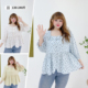 夏百搭减龄荷叶边印花衬衫 不规则A字显瘦方领上衣胖莹莹大码 女装