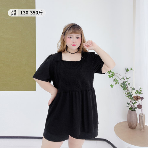 韩版350斤遮肉显瘦百搭黑色上衣