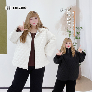 抽绳显瘦轻薄连帽棉服 冬季 小清新简约细闪菱格外套胖莹莹大码 女装
