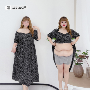 300斤孕妇遮肚碎花过膝长裙子胖仙女莹莹大码 胖m夏方领连衣裙 女装