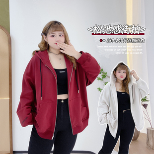 出游遮肉外套胖仙女莹莹大码 胖mm休闲风街拍连帽字母拉链卫衣 女装