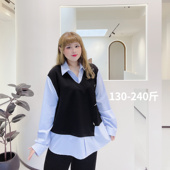 时髦通勤胖仙女莹莹大码 显瘦百搭假两件针织马甲衬衫 女装 胖mm秋季