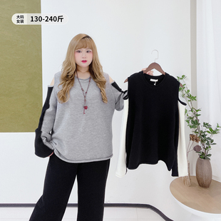 春季 慵懒卷边显瘦毛衣 女装 设计感小众露肩拼色内搭上衣胖莹莹大码