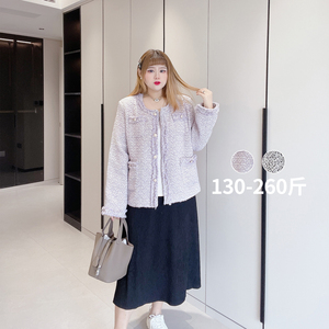 胖仙女莹莹大码女装胖mm秋冬气质通勤小香上衣粗花呢遮肉毛边外套