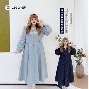 收腰通勤风连衣裙 春季 200斤胖mm显瘦v领波点长裙子胖莹莹大码 女装