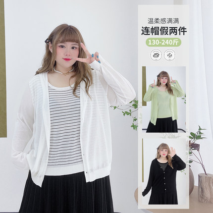 韩系温柔风条纹绝美上衣胖仙女莹莹大码女装连帽薄款假两件针织衫