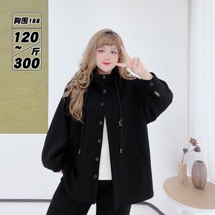 300斤加肥遮肉黑色连帽外套胖莹莹大码女装秋冬插肩袖立领大衣潮