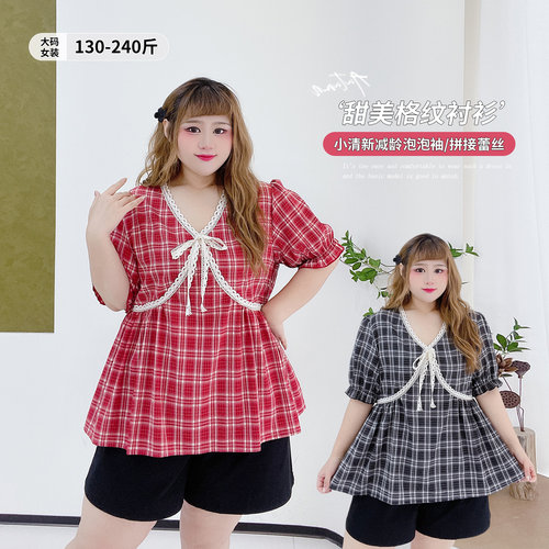 小个子休闲减龄拼接蕾丝格子衬衫