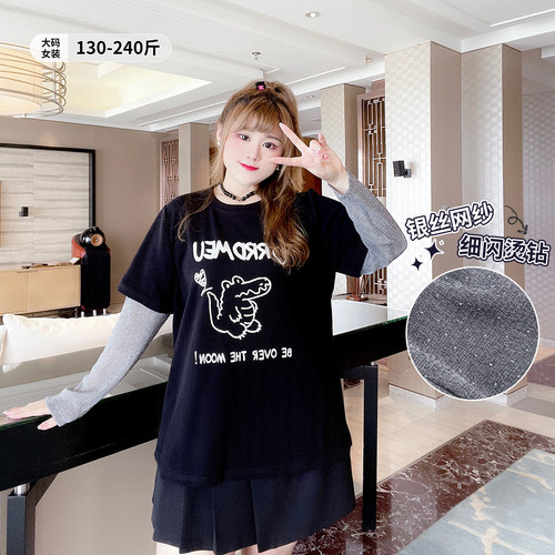 微胖mm宽松百搭卡通假两件T恤衫