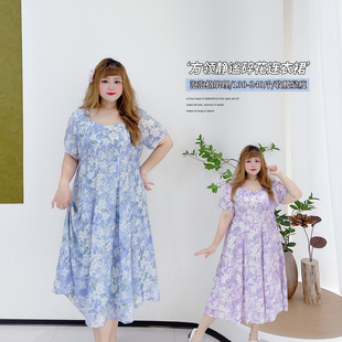 森系甜美肌理感碎花裙胖仙女莹莹大码女装夏季长款气质收腰连衣裙