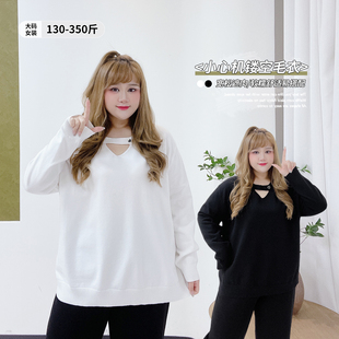350斤小心机镂空显瘦圆领毛衣胖莹莹大码女装秋冬减龄套头针织衫
