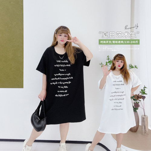 宽松遮肉时尚开叉印花显瘦连衣裙