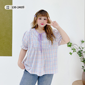 甜美风木耳边上衣胖莹莹大码 格纹衬衫 女装 夏减龄系带小个子泡泡袖