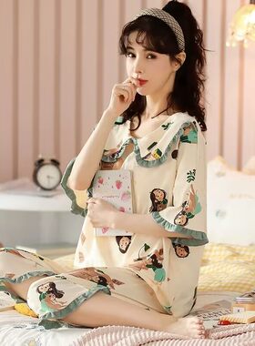 加肥七分裤短袖睡衣女夏季纯棉胖mm特大号家居服200斤5XL240斤6XL