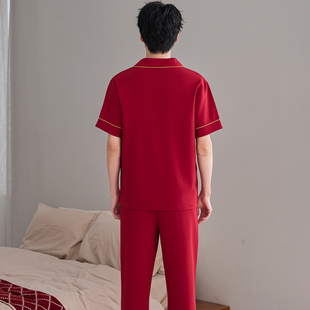 纯棉情侣睡衣短袖长裤红色男夏加肥特大码女开衫240斤300斤6XL7XL