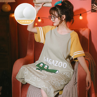 夏季纯棉睡裙女145-150cm小矮个子155短袖睡衣裙家居服S码带胸垫
