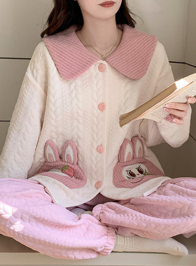 加厚空气棉睡衣女长袖秋冬季胖mm夹层棉加大码家居服套装200斤5XL