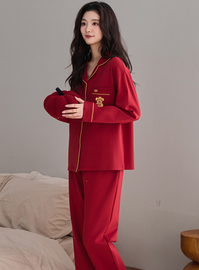 结婚情侣睡衣女冬纯棉长袖红色特大码开衫男220斤300斤5XL6XL7XL