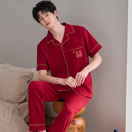 纯棉睡衣240斤6XL300斤7XL情侣结婚红色短袖长裤夏季男特大码女士