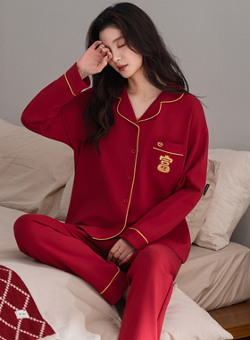 100%纯棉红色睡衣女结婚新婚新人情侣男长袖220斤300斤5XL6XL7XL