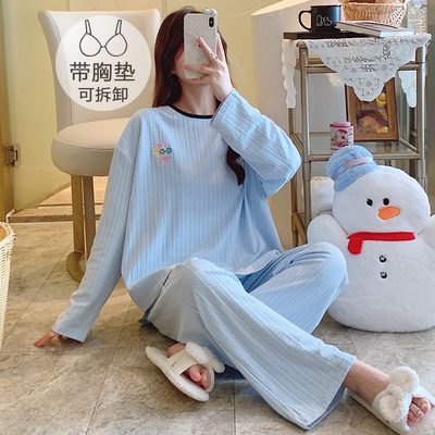 自带胸垫睡衣女春秋季纯棉长袖胖mm特大码秋冬家居服套装200斤5XL