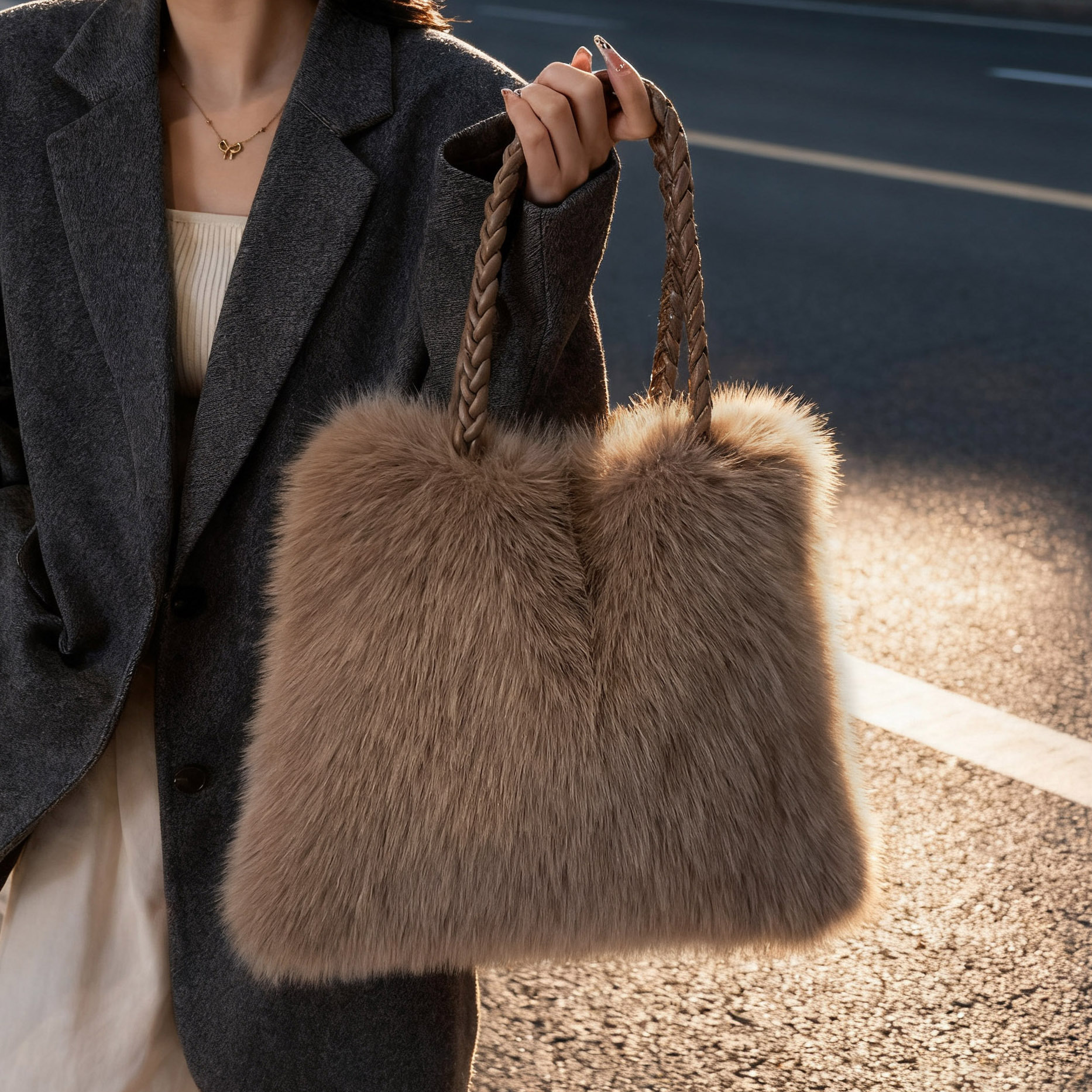 毛毛包包女式2025新款潮秋冬外出手拎单肩包通勤女包大容量托特包