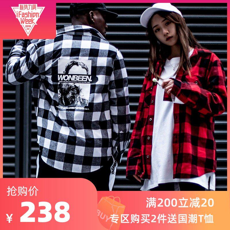 Three tide wonbeen 2018ss Spring new pattern men and women lovers Easy Long sleeve lattice shirt Chaopai coatin the Men's clothing, Shirt  category - from Buy2taobao.com to provide professional Taobao agent buy service