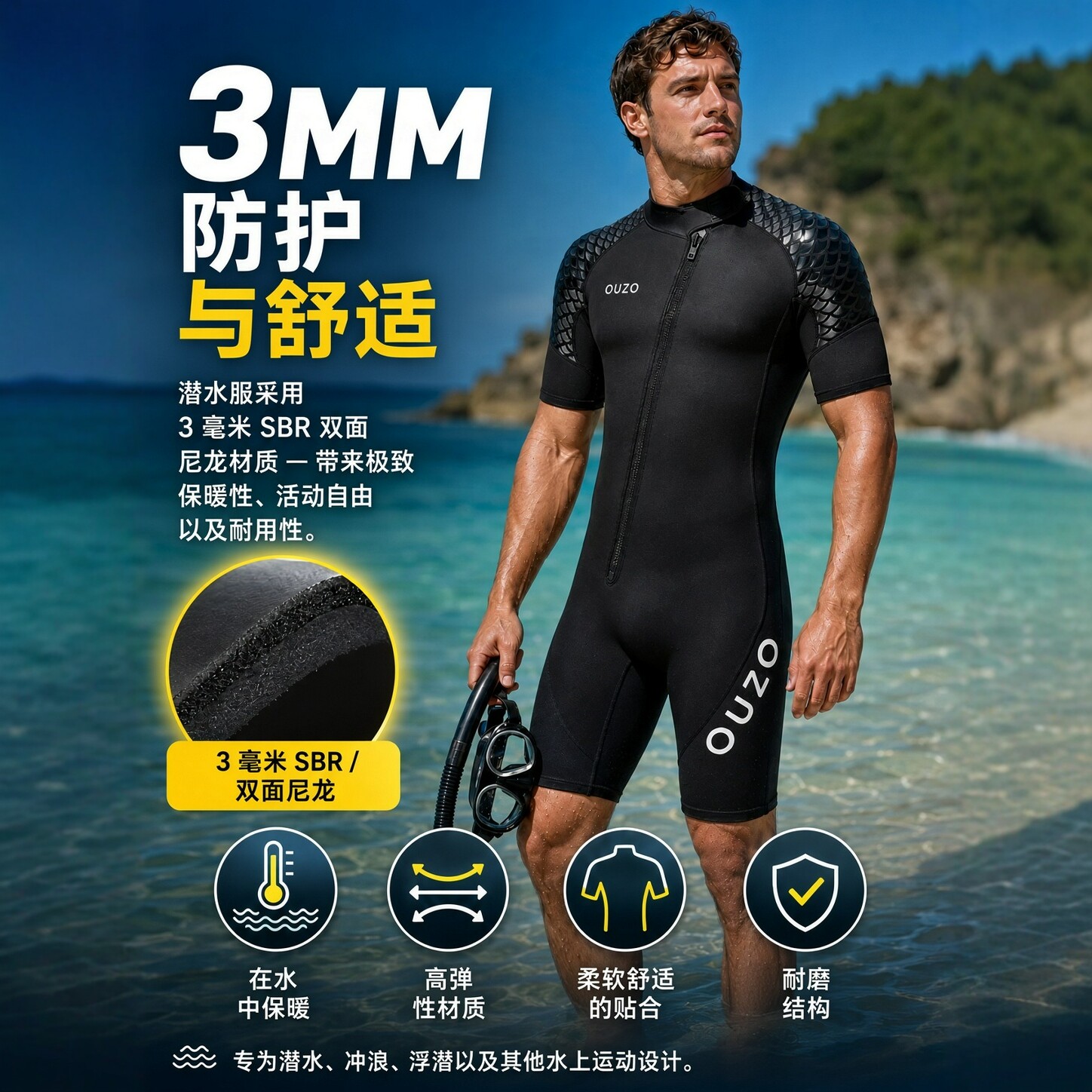 新款3mm潜水服男短袖短裤潜水衣加厚保暖防寒冲浪衣水母衣湿衣