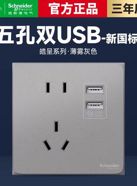 施耐德皓呈系列薄雾灰色五孔插座一开单控二三插86型家用开关面板