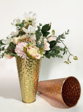 纯手工黄铜花瓶 紫铜锤纹花盆 铜手工艺家居装饰摆件 花艺展示瓶