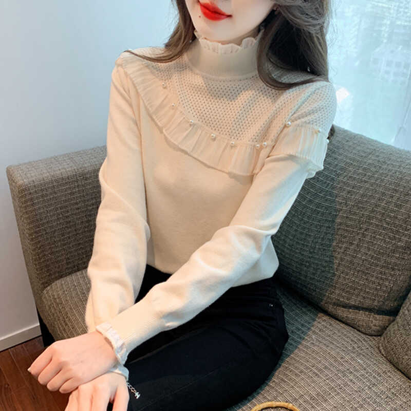 设计感针织衫上衣女秋冬新款蕾丝半高领洋气钉珠宽松内搭打底毛衣