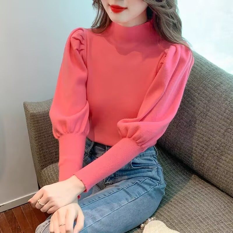 半高领打底毛衣女2025秋冬季新款洋气设计感修身灯笼袖针织衫上衣