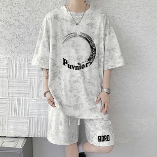 T恤男青少年学生宽松休闲运动短裤 夏季 印花短袖 套装 时尚 扎染短裤