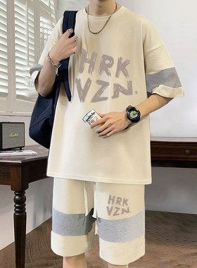 华夫格拼色短裤套装学生冰丝短袖T恤夏季大码宽松搭配休闲五分裤