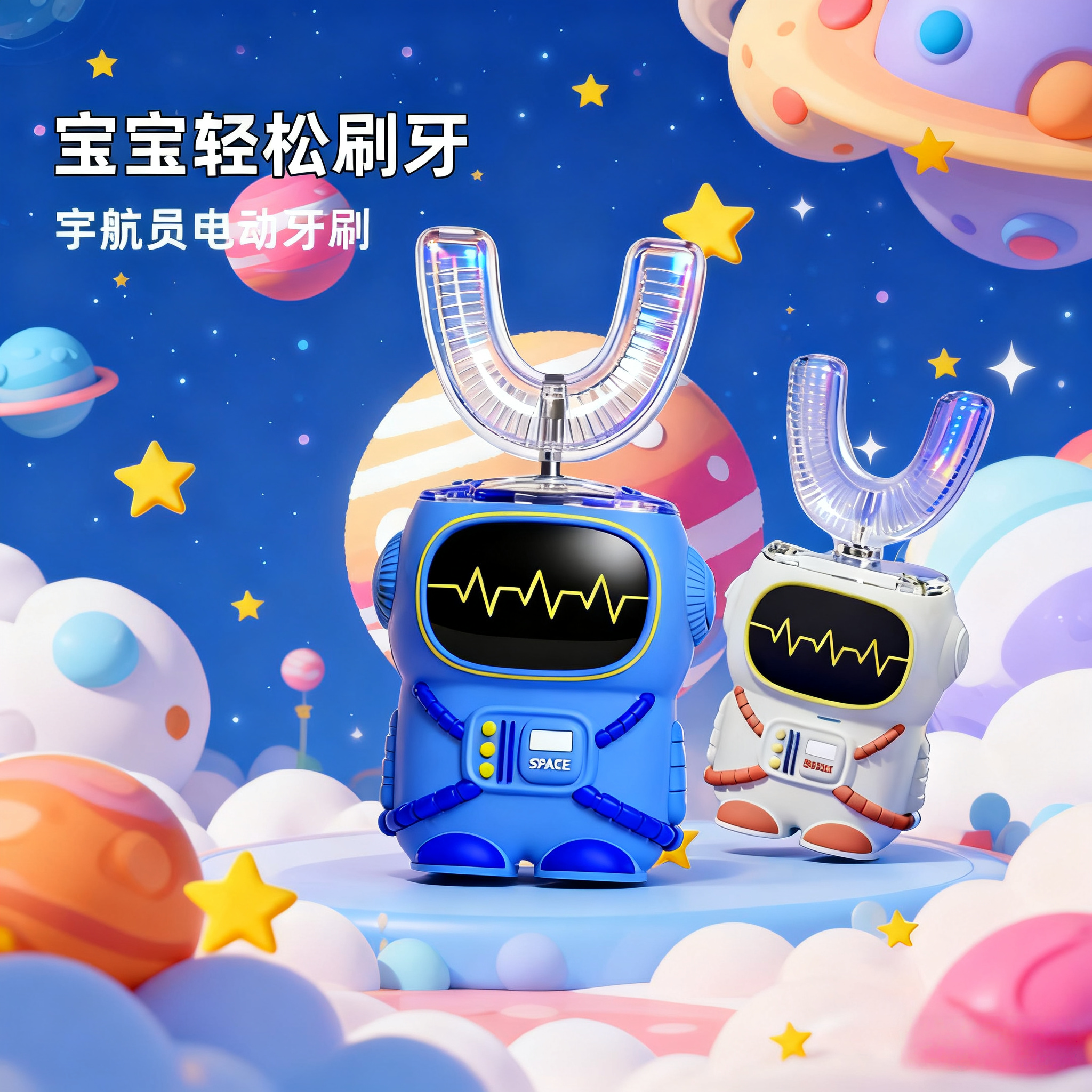 儿童卡通u型电动牙刷2-6-12岁宝宝硅胶软毛小孩刷牙声波宇航员