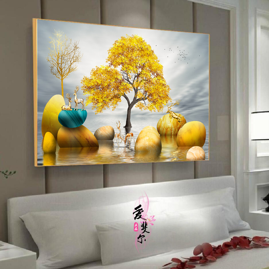 卧室画床头挂画现代山水主卧房间