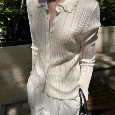 燃燃26年春款蕾丝钩花彼得潘领针织开衫（含10羊毛）YS1-A54