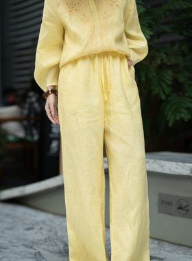 燃燃上新重磅亚麻刺绣镂空小衫+休闲裤套装(两件套)YS41-G308A