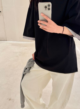 燃燃新小众男女同款简约风条纹拼接假两件宽松套头短袖T恤J15311