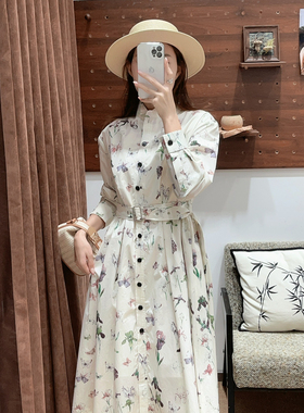 燃燃夏上新甜美蝴蝶印花度假风收腰系带衬衫连衣裙(配腰绳)40995