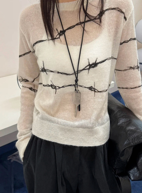 燃燃计羊毛荆棘印花百搭时髦软糯薄款保暖毛衣（含30羊毛）C1529