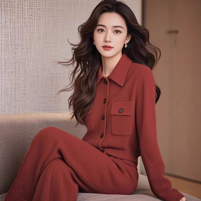 冬季穿搭一整套小个子盐系炸街时尚冷淡系高级感砖红色毛衣套装