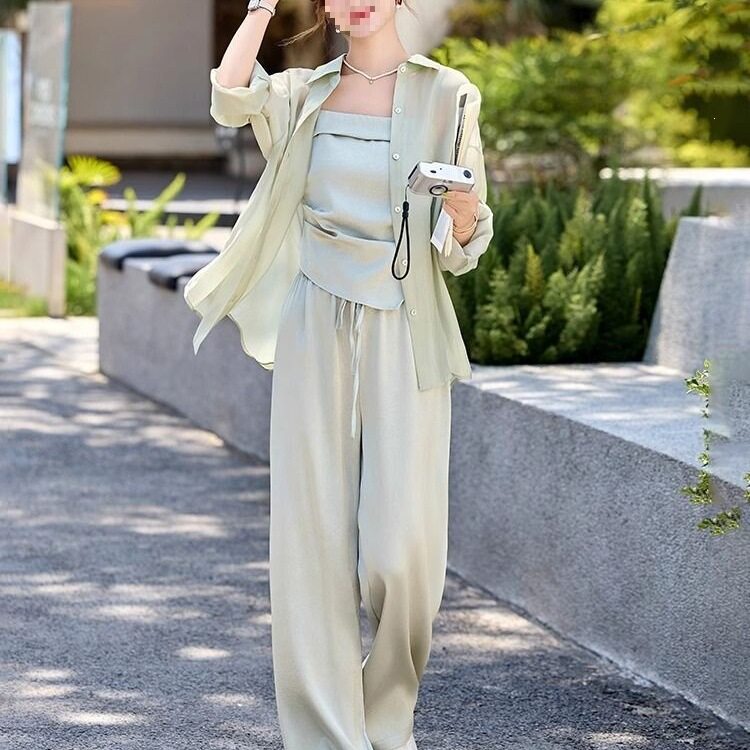 防晒衬衫绝美慵懒风2025休闲穿搭夏季套装女新款阔腿裤三件套吊带