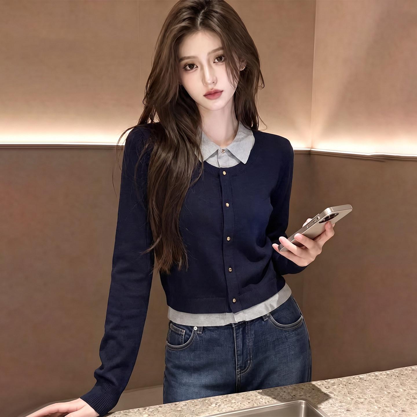 假两件圆领长袖短款毛衣女款秋季穿搭韩系简约百搭外搭针织衫上衣