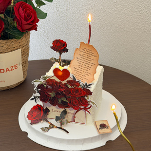 网红七夕情人节玫瑰花信封蛋糕装饰情侣表白发光爱心蜡烛烘焙插件