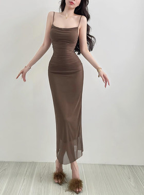 instahot 纯色性感网纱吊带洋装女2026春季新款修身显瘦长裙